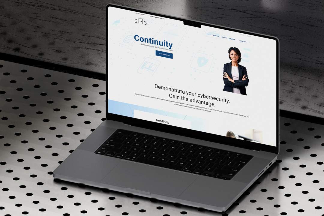 Open laptop displaying Signal Hill Security's website homepage, emphasizing AI assisted WordPress development and cybersecurity solutions