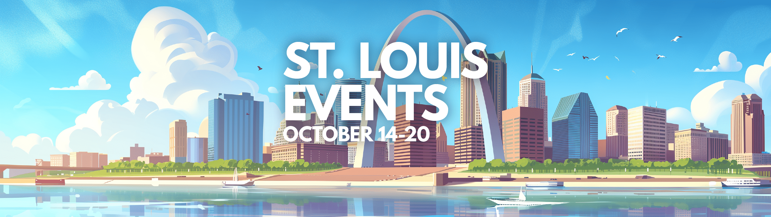 Colorful promotional banner for 'St. Louis Events: October 14-20,' depicting an animated version of St. Louis with the Gateway Arch at its center. The image shows a bright day with blue skies, clouds, and seagulls, with the city skyline and river in the foreground.