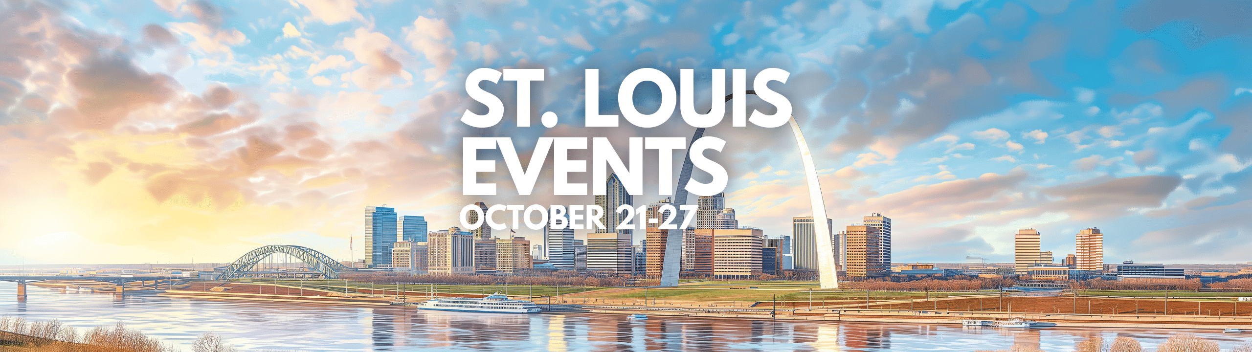 Promotional banner for 'St. Louis Events: October 21-27,' showing an illustrated St. Louis skyline with the Gateway Arch under a dramatic, colorful sky. The scene captures a quiet moment with the river and city bridges, set during sunrise or sunset.