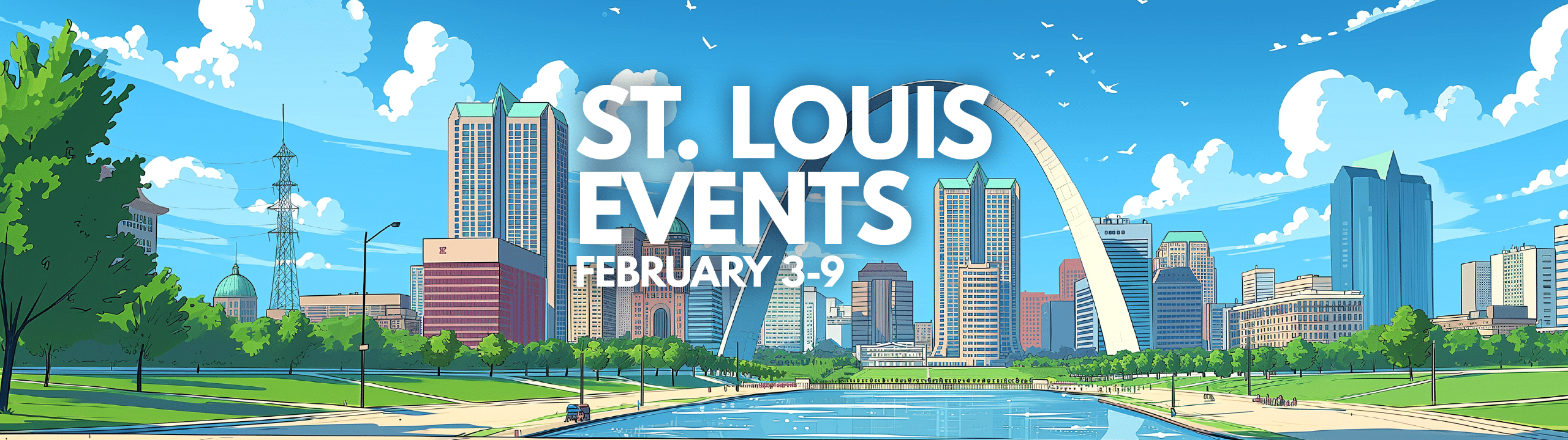 Bright and colorful depiction of St. Louis skyline in February with the Gateway Arch and clear blue skies.