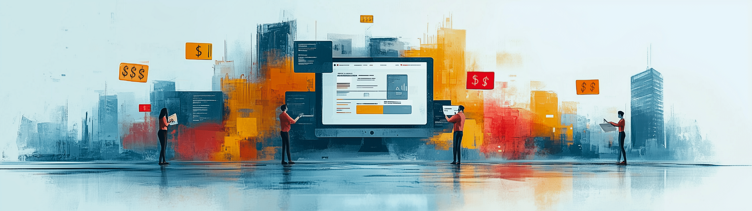 light blue background with image of a computer with dollar money signs around it, indicating an article on website cost