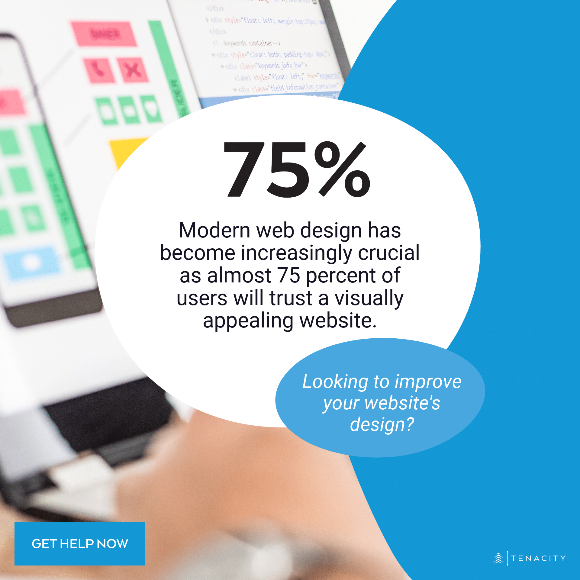 website fact on a computer screen background saying that "Modern web design has become increasingly crucial as almost 75 percent of users will trust a visually appealing website." This indicates that users are more likely to trust a visually appealing website.