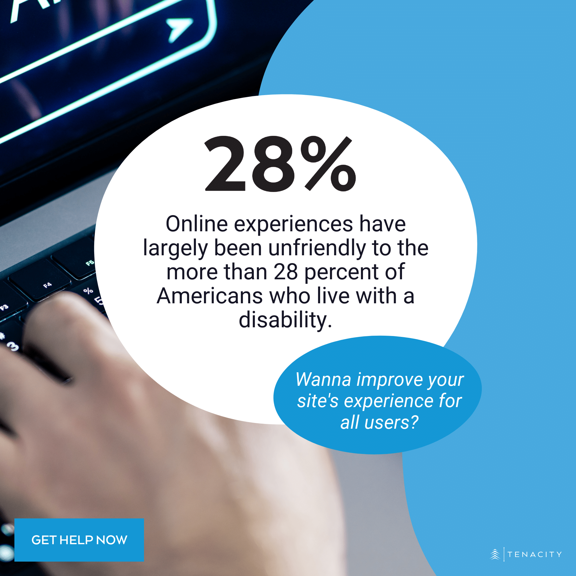 atomic content post with the info: online experiences have largely been unfriendly to the more than 28 percent of people who live with a disability.