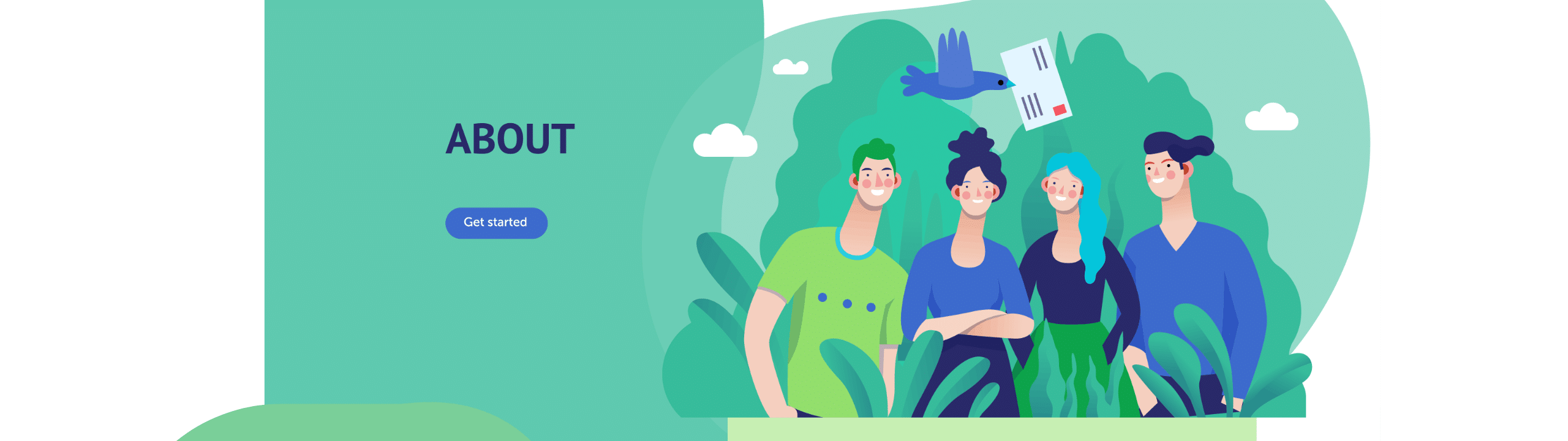header image depicting an illustration of an about page with images of four different people and the word 'about'