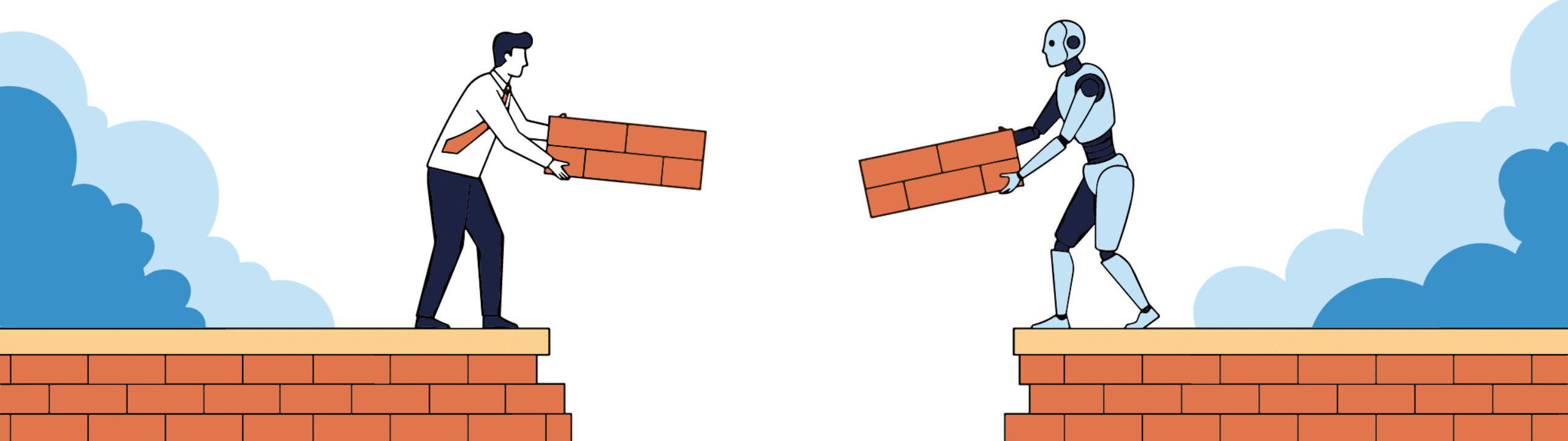 The AI Divide header image depicting a robot and a human building a bridge