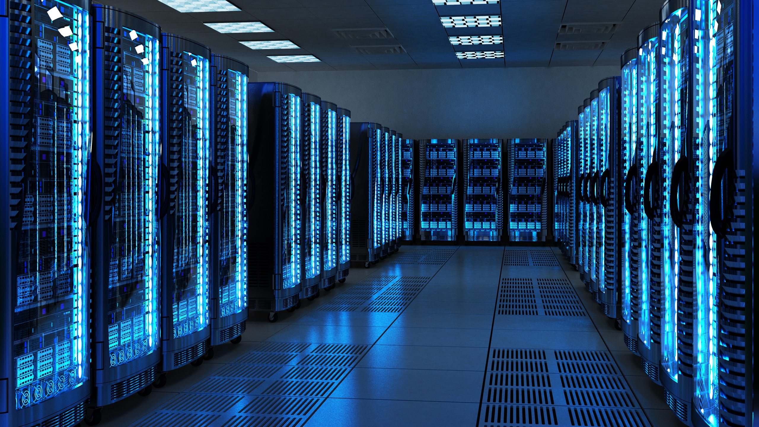 Secure data center server racks with blue lighting powering managed WordPress hosting.