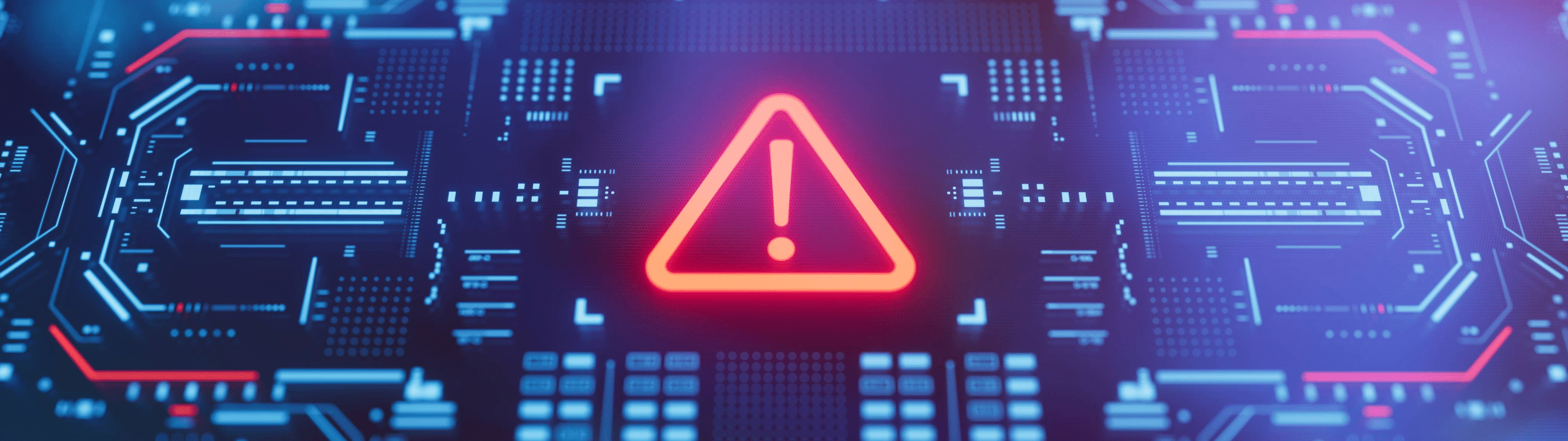 Image that has blue circuitry background with a triangle and exclamation point symbol in red to depict a WordPress Security error.