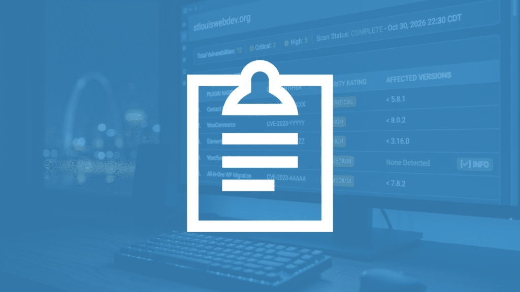 Clipboard displaying security vulnerability scan results with severity levels and affected plugin inventory