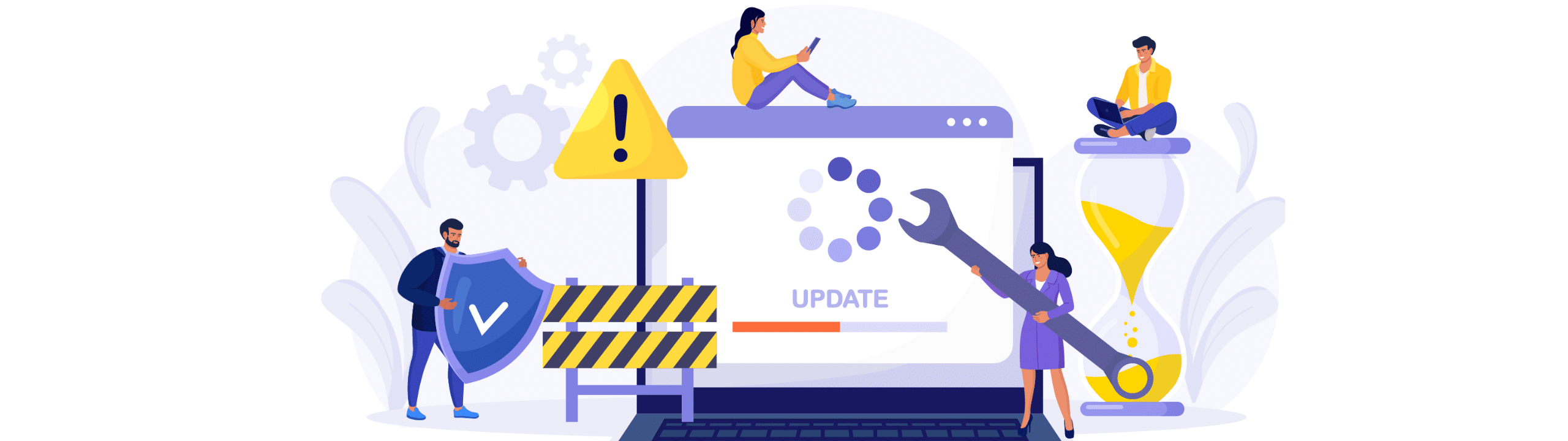 graphic image of a computer screen updating and people working on it