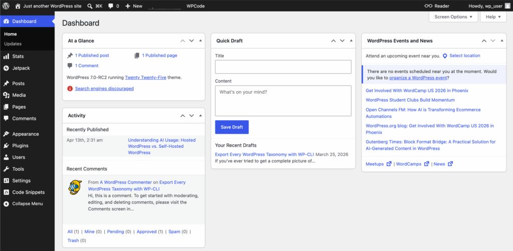 WordPress admin dashboard showing the Home view with At a Glance, Quick Draft, Activity, and WordPress Events and News widgets, with the main sidebar navigation visible on the left.