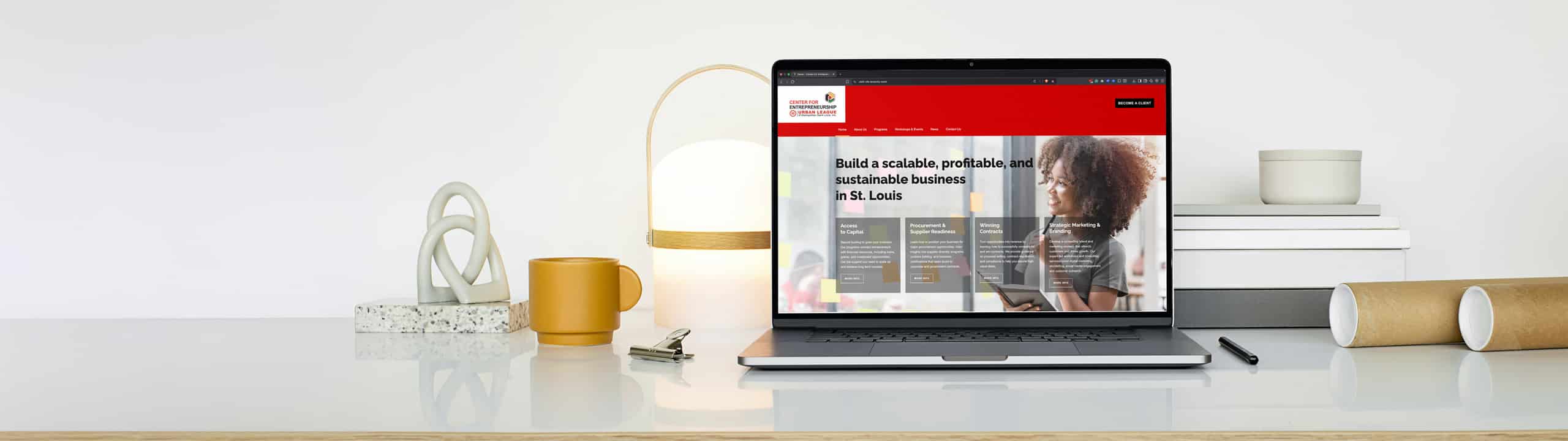 Nonprofit WordPress website built for the Urban League Center for Entrepreneurship, shown on a laptop.