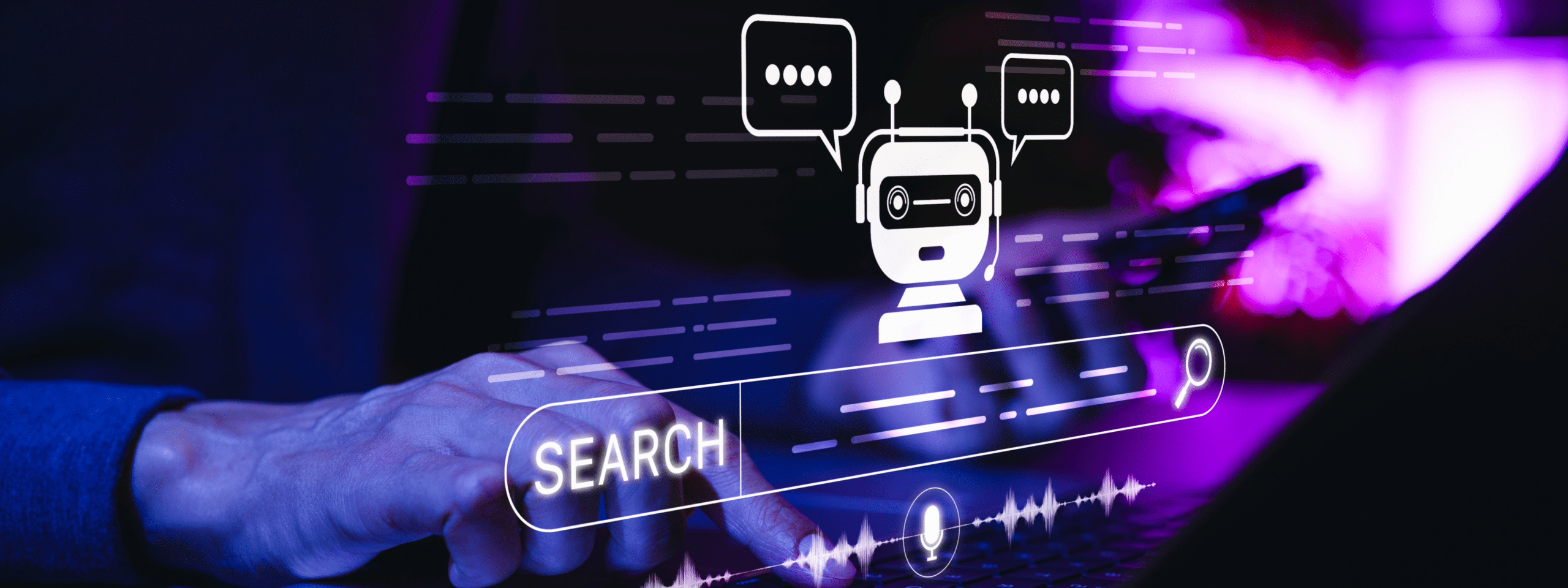 Dark background with image of robot and a search bar in the forefront to illustrate optimizing for AI search.